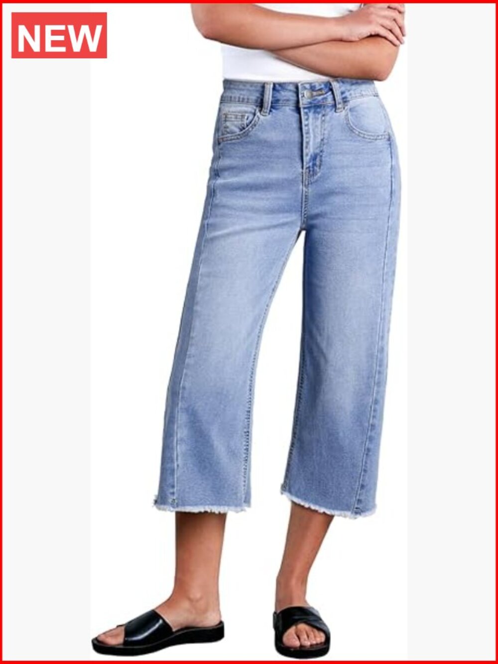 High Waisted Wide Leg Capri Jeans with Raw Hem Stretchy Denim Pants